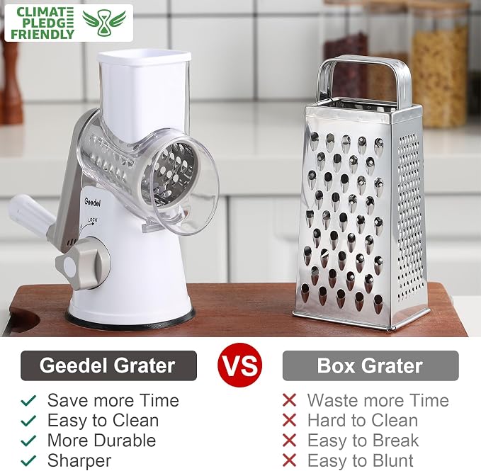 Geedel Rotary Cheese Grater Hand Crank, Cheese Shredder Vegetable Slicer | 3 Blades, 430 Stainless Steel, 12x Fast Cutting, Strong Suction Base, No BPA, Dishwasher Safe, for Cheese, Veggie, Nut