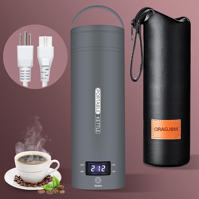 QRAGJBM Portable Electric Kettle Travel, 120V, 450ml, 4 Temperature Control | 304 Stainless Steel Lining, Auto Shut-Off, Boil Dry Protection, BPA-Free, Lightweight, For Hotel and Office（Grey）