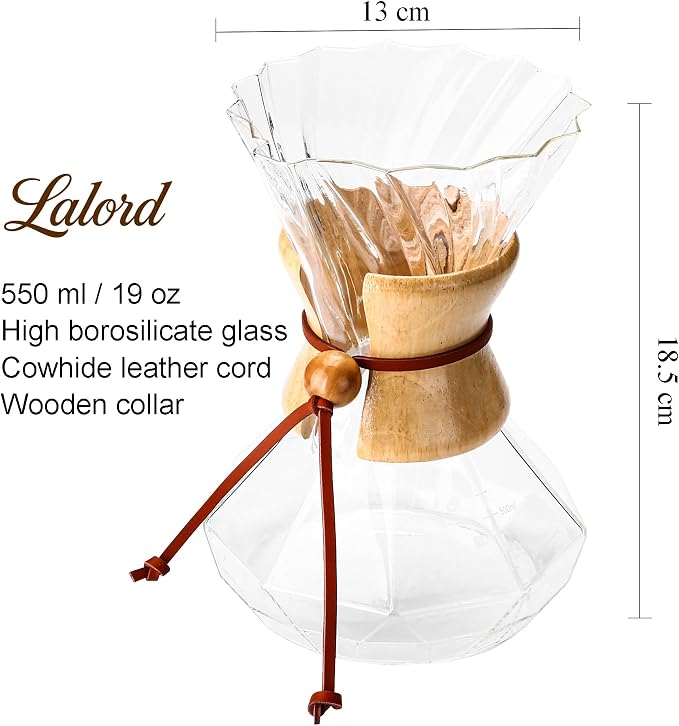 Lalord Pour Over Coffee Maker, 550ml Borosilicate Glass Carafe & Dripper, Wooden Collar, Cowhide Rope, Includes 100 PCS Paper Filters (Clear, 19 oz)