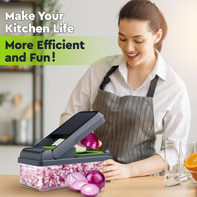MealHelper 12-in-1 Vegetable Chopper, Food Veggie Chopper With Container | Kitchen Prep Tool, Cheese Grater, Home Essentials & Kitchen Gadgets, with Sharp Stainless Steel Blades(7 Blades, Green)