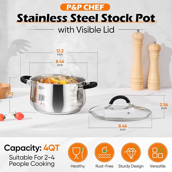 P&P CHEF 4 Quart Stainless Steel Stock Pot, Cooking Pot with Visible Lid | For Soup Pasta, Tri-Ply Bottom & Dual Heatproof Handles, For Induction Gas All Stoves, Non-Toxic & Dishwasher Safe