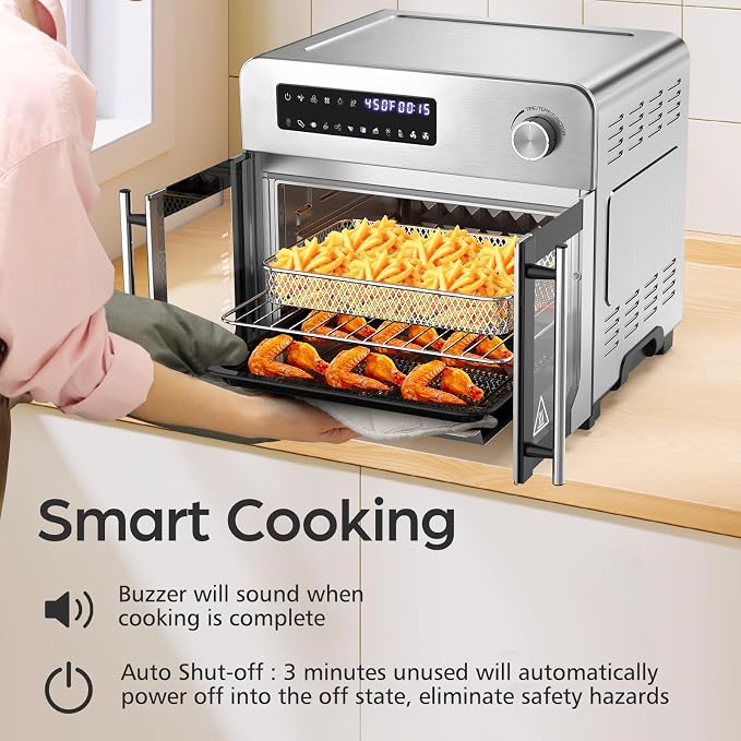 OSTBA French Door Air Fryer Toaster Oven Combo, 24QT 10-in-1 Oven | 1700W Heating, Adjustable Fan Speed, Rotisserie Function, 102-Recipe Book, Removable Crumb Tray, Stainless Steel Finish