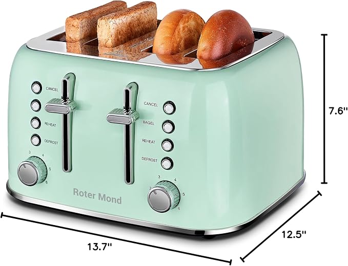Roter Mond Toaster 4 Slice Retro Stainless Steel with Extra Wide Slots Bagel, Defrost, Reheat Function, Dual Independent Control Panel, Removable Crumb Tray, 6 Browning Levels, Aqua Green