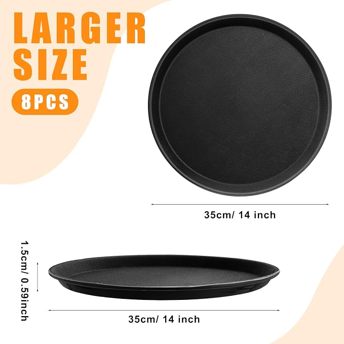 Zopeal 8 Pcs Bar Service Tray Round Plastic Non Slip,14" | For Waiter Server in Restaurant Cafeteria Bar, Raised Edges Prevent Spills, Cocktail Food Server, Textured Surface Grip