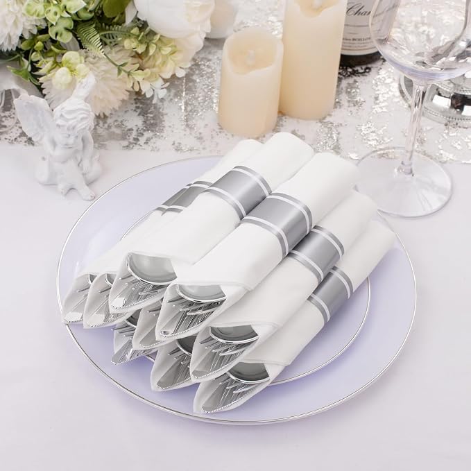 120 Pack Silver Plastic Silverware Wrapped Cutlery Set with Napkin | Heavy Duty Pre Rolled Disposable Silver Cutlery Wrapped Plastic Utensils for Wedding, Birthday, Party & Catering