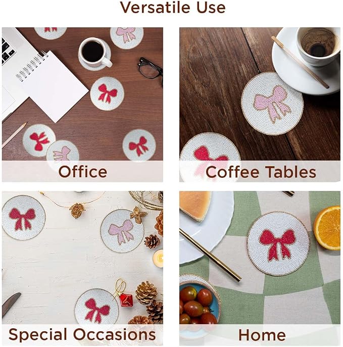 Folkulture Cute Coasters Set of 4,Beaded Handmade Boho Drink Coasters | Decorative Table Decor for Coffee & Cocktails, Table Décorations Gift for Her