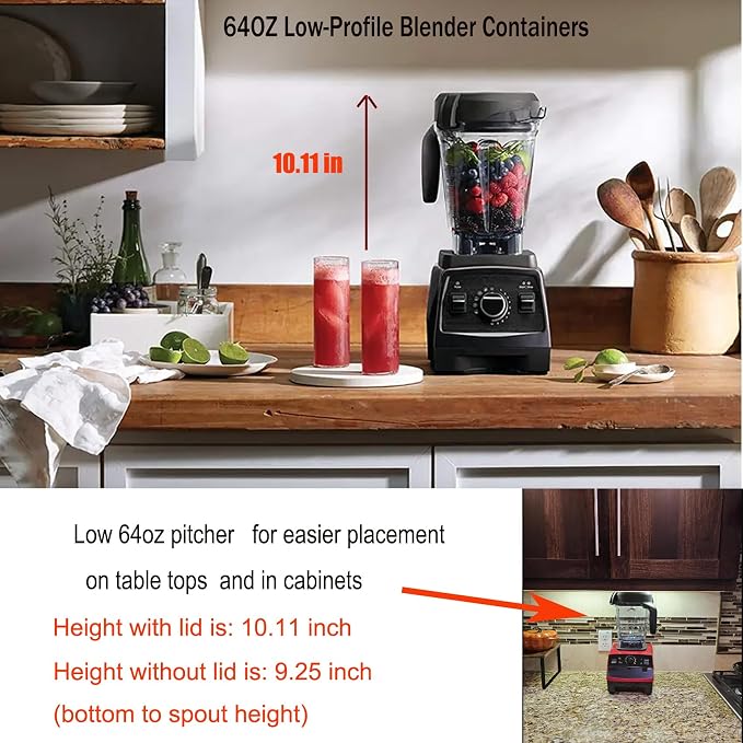 Blender Pitcher 64oz Low-Profile,Compatible with Vit 780 750 7500 5000 5200 Vm0102 Vm0103 Vm0197 E310 Professional/Commercial/Classic Series etc Blender,Blender Container Jar Cup,10 Years Warranty