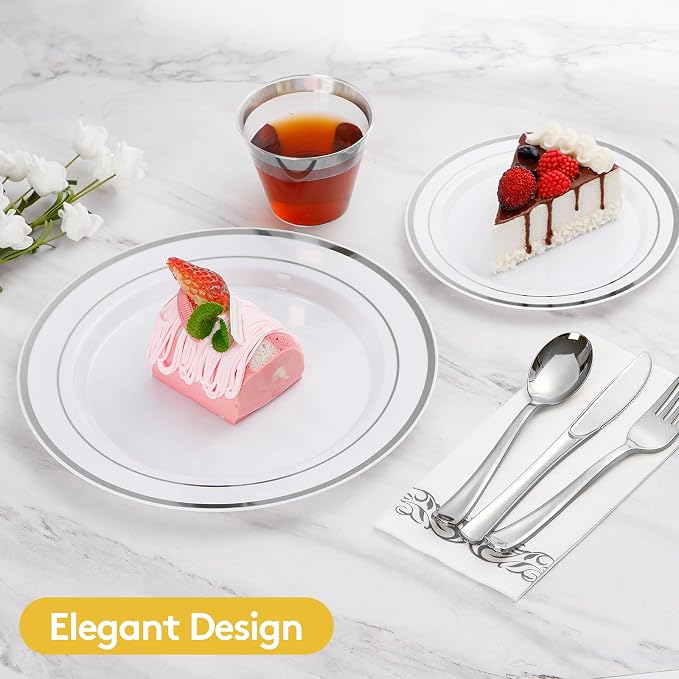 350 Pcs Silver Dinnerware Sets for 50 Guests, Disposable Plate Set | Plastic Plates for Wedding, Party, Include: 50 Dinner Plates, 50 Dessert Plates, 50 Paper Napkins, 50 Cups, 50 Silverware Set