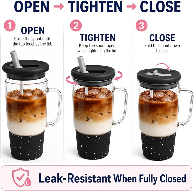 40oz Glass Tumbler with Flip Straw Lid, Handle, Silicone Sleeve, Black | Leakproof Lid, Fits Car Cup Holder Glass for Iced Coffee, Water, Cold Drinks, Travel, Outdoor, Partys&Home