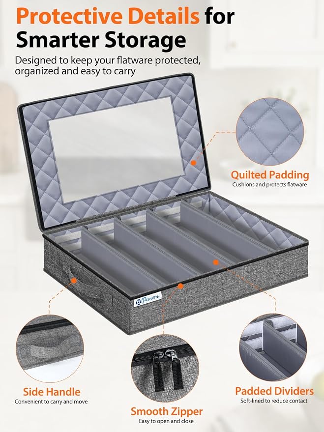 punemi Hard Shell Silverware Storage Box, Flatware Organizer, 2 Pack, Gray | Adjustable Dividers, Clear-Window Zippered Lids, for Spoons, Forks, Knives, Serving Utensils, Kitchen & Moving Storage