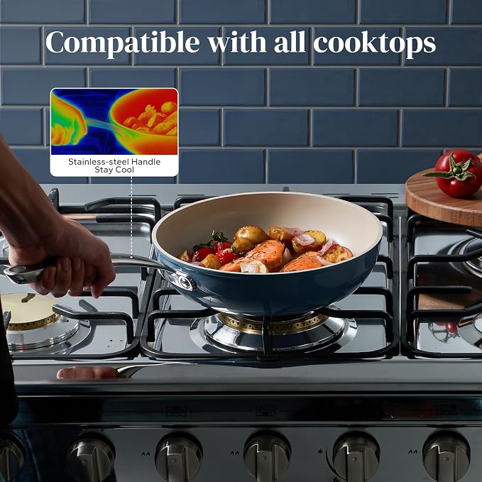 Redchef Ceramic Frying Pans Non Stick with Lid, 11" Deep Saute Pan with Stay Cool Handle, Large Jumbo Cooker,3.5QT Non Toxic Cooking Skillet, Kitchen, Induction Dishwasher Safe, PFOA & PFAS Free(Blue)
