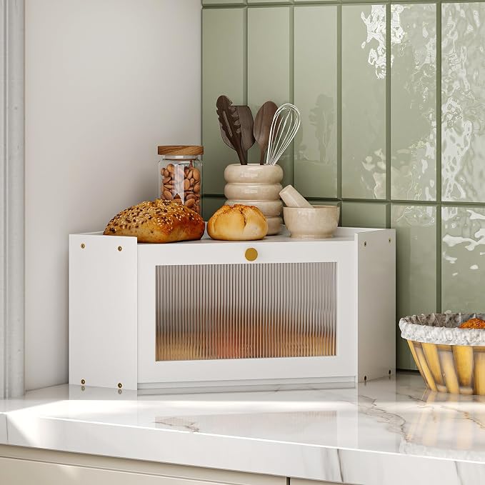 Trironsun Corner Bamboo Bread Box for Kitchen Counter Large Capacity Rustic Bread Storage Container with Wavy Arcylic Transparent Door Vintage Storage for Homemade Bread (White)