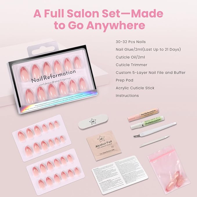 Nail Reformation Press On Nails, Lip Balm | Sheer Nude Short Almond 32 Pcs | 16 Sizes Fake Nails with Iridescent Pink Shimmer French Tip, Glossy Reusable Stick On Nails Kit, Manicure Gifts for Women
