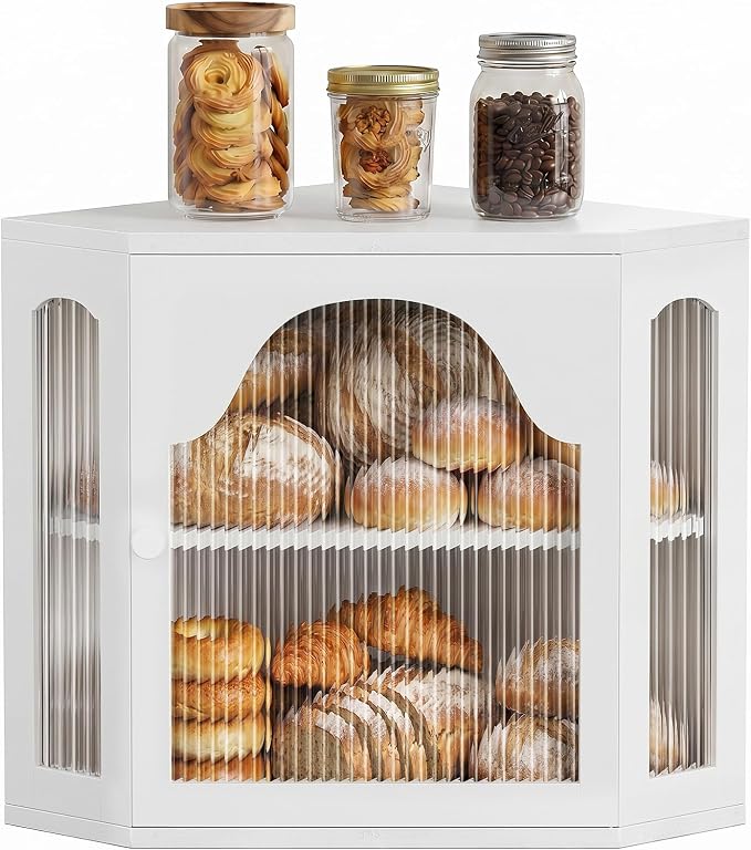 2-Tier Corner Bread Box for Kitchen Countertop with Acrylic Wavy Door Panel | Bread Storage for Homemade Bread, Large Bamboo Vintage Farmhouse Bread Bin, Cabinet Cupboard Pantry, White, Meduim