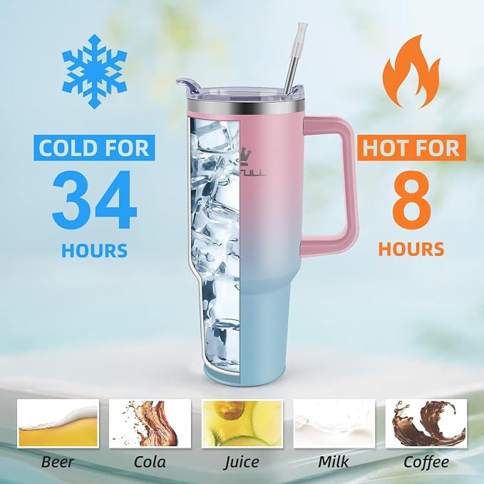 Soufull 40 oz Tumbler with Handle and Straw Lid, 100% Leak-proof, PinkBlue | Stainless Steel Insulated Travel Coffee Cup, Keeps Cold 34Hrs or Hot 10Hrs, Dishwasher Safe