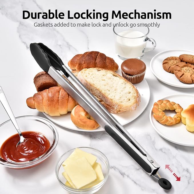 U-Taste Kitchen Tong for Cooking, 600ºF Heat-Resistant Silicone, 16in/Black | Extra Long BBQ Tongs, Large Tong for Grilling/Grabbing, Big Thong with Nonstick Silicone Tps & 18/8 Stainless Steel Handle