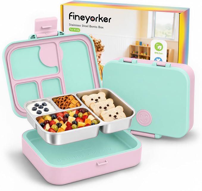 Kids Stainless Steel Bento Lunch Box, 4 Compartments | Leak-Resistant 4 Cups Lunch Container for Ages 4+ with Easy-Open Latch, Removable Seal & Meal Feedback Icon