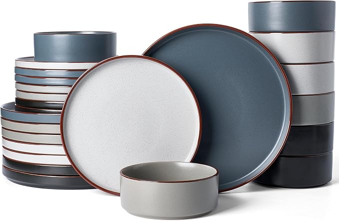 Famiware Nebula Ridge 24-Piece Stoneware Dinnerware Set, Multi-color | Plates and Bowls for 8, Warm Hand-Painted Rims, Microwave and Dishwasher Safe, Daily Essentials