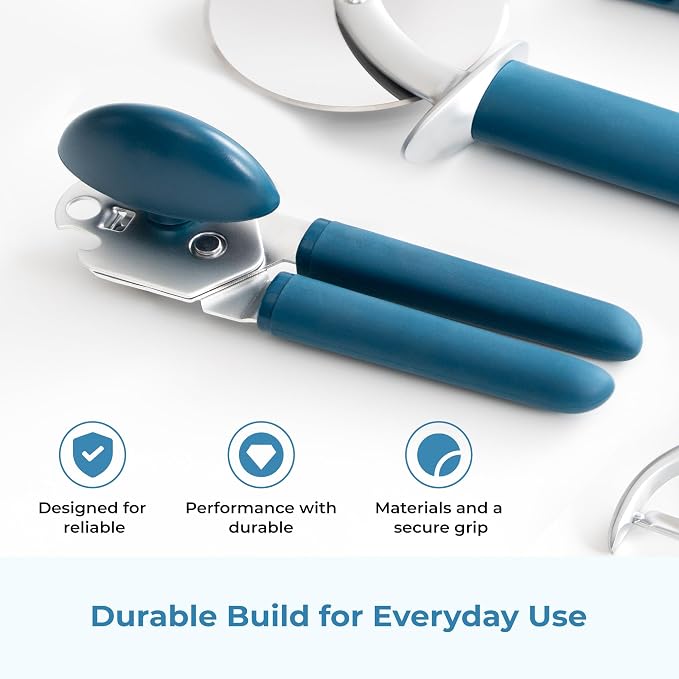OOU Can Opener, Manual Stainless Steel Can Opener with Premium Zinc Alloy Construction, Large Turning Knob, Magnetic Lid Lifter and Ergonomic TPE Non-Slip Grip Handles, Blue