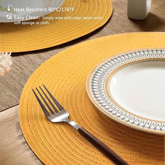 FunWheat Round Braided Placemats Set of 6 Place mats for Dining Tables Woven Heat Resistant Table Mats 15 inch (Yellow,6pcs)