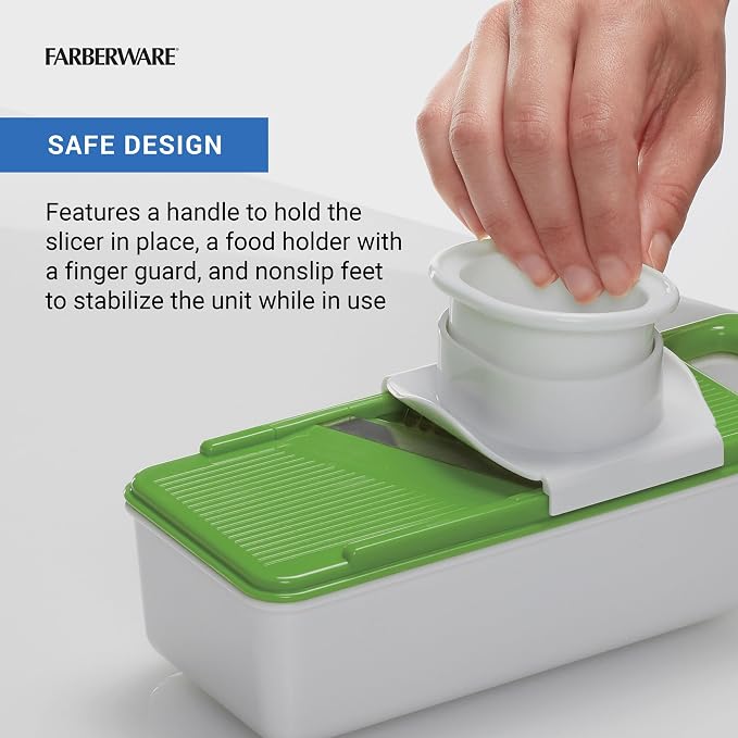 Farberware Pro Mandoline Slicer for Kitchen with Storage Case, 4 Color-Coded Blades, Fine and Coarse Julienne, Grater, Safety Food Holder, Dishwasher Safe