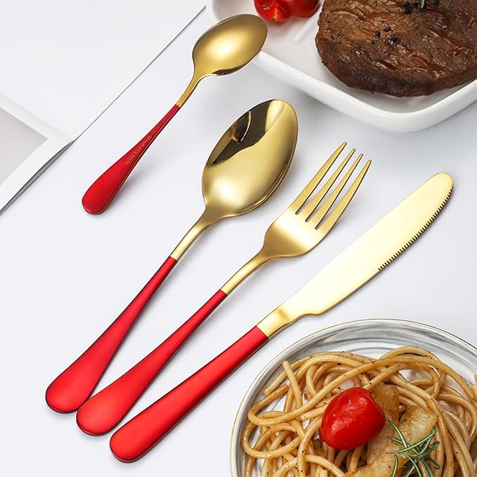 24 Pieces Silverware Set, Stainless Steel Flatware Set with Silverware Holder Spoons Forks Knives,Utensils Set Service for 6,Gold Mirror Polished and Matte Painted Cutlery Set (Red)