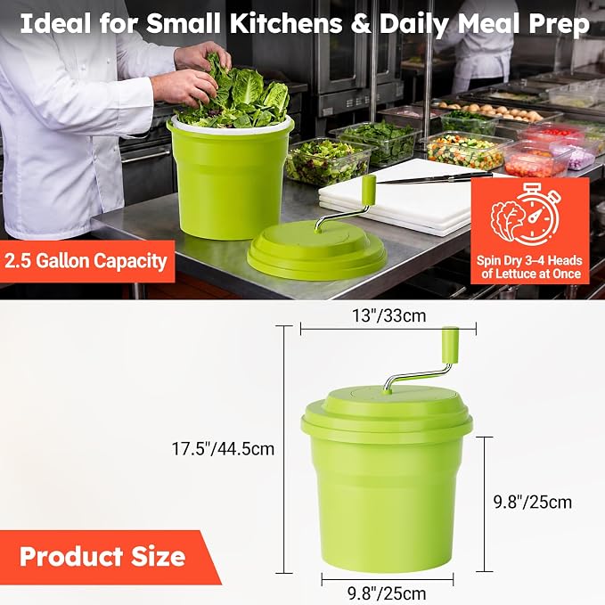 Commercial Salad Spinner, 2.5 Gallon (10QT) Heavy Duty Vegetable Dryer with Ergonomic Aluminum Handle, Sealed Gearbox, Dries Up to 3–4 Heads of Lettuce