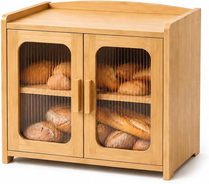 Bread Box for Kitchen Countertop, Large Capacity Wooden Bread Box, Fluted Acrylic Window Farmhouse Bread Storage, 2 Tier Corner Bread Box for Homemade Bread & Sourdough Bread, Natural Bamboo