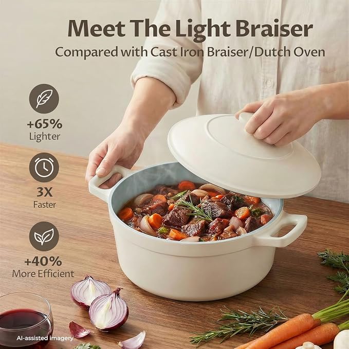 BEZIA 5.7 QT Lightweight Ceramic Nonstick Dutch Oven with Lid, Stock Pot | Versatile Cooking Pot for Soup, Family Stew & Braising, Oven Safe Casserole, Induction Ready, Easy to Clean, for 3-5 People
