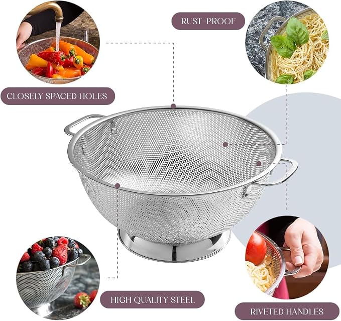 Bellemain Stainless Steel Colander for Kitchen, 5 Qt Pasta & Rice Strainer | Durable Highest Grade Premium Steel, Dishwasher Safe and Odor resistant Food Strainer, Lightweight Looped Handles