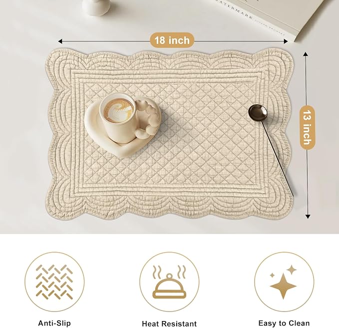 6 PC Quilted Placemats, 18"X13"Extra Large Cotton Placemats Set of 6, 100% Cotton Fabric Washable Cloth Table Mats for Kitchen & Dining Table - Soft &Easy Clean(Flax, Rectangular)