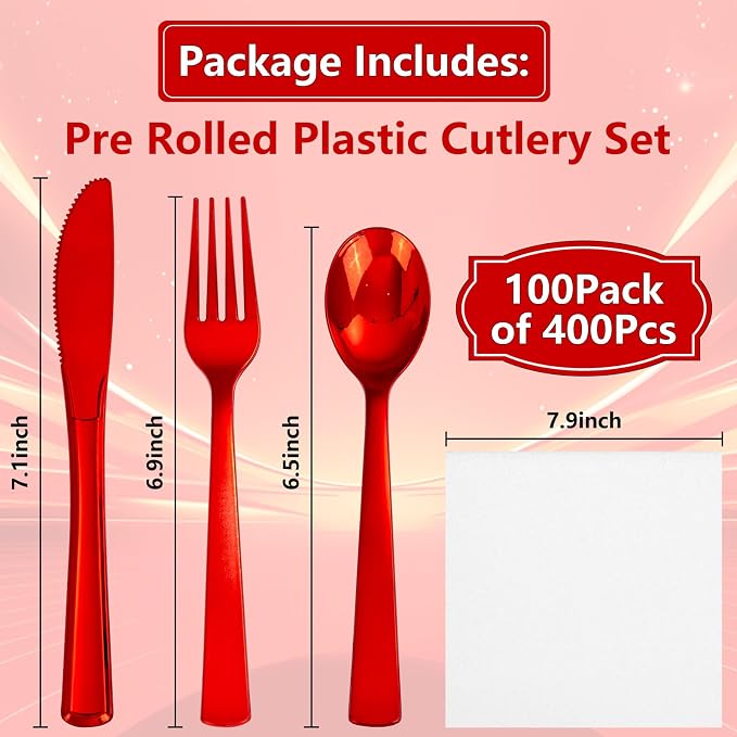400PCS Pre Rolled Red Plastic Silverware Sets Heavy Duty for Wedding | Individually Wrapped Utensils, 100 Guests, Durable and Sturdy, BPA free, Includes Matching Napkins, for Festive Events