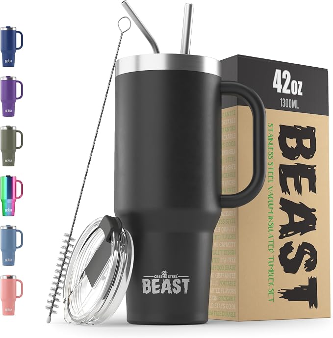 Beast 42 oz Tumbler with Handle Stainless Steel Vacuum Insulated Coffee Ice Cup Double Wall Travel Flask (Matte Black)