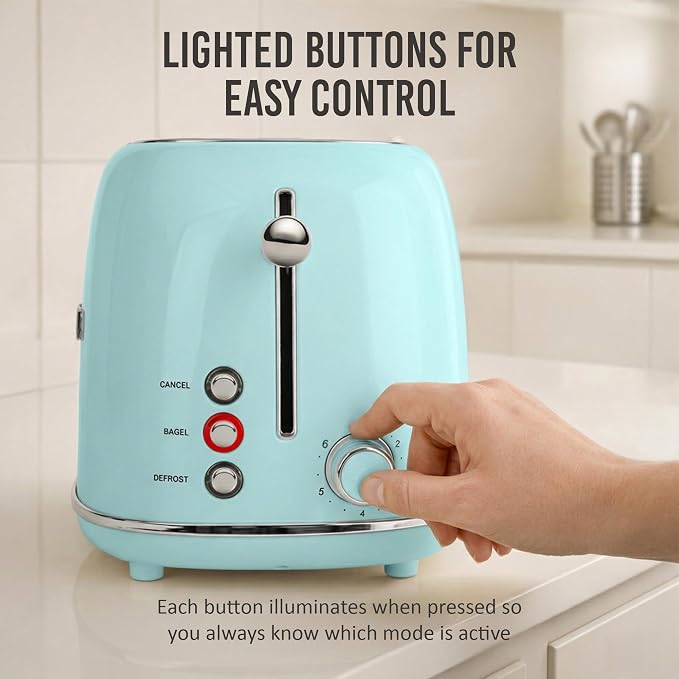 Nostalgia Classic Retro 2-Slice Toaster- Vintage Design- Enamel Coated Steel Body- Wide Slots for all Breads- Crumb Tray, Cord Storage- Defrost,Cancel and Bagel Function & 6 Toasting Levels- Aqua
