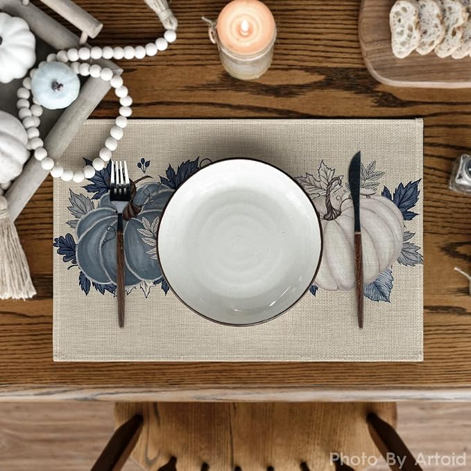 Artoid Mode Navy Blue Pumpkins Fall Placemats Set of 6-12 x 18 Inch | Heat-Resistant Table Mats, Washable Seasonal Autumn Kitchen Dining Decor