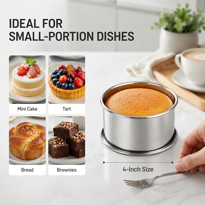 TeamFar 4 Inch Cake Pan, 8 Pcs Stainless Steel Round Baking Cake Pans Set | Layer Cake Baking Pans Set for Baking Steaming Serving, Healthy & Sturdy, Mirror Finish & Dishwasher Safe