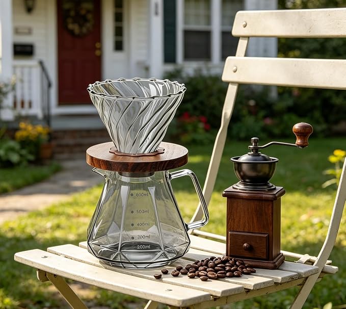 BeeCa Manual pour over coffee maker, Heat Resistant Glass | 20Oz+50 Filters 1-4 Cup, Gray Diamond-Shaped, No plastic taste, Dishwasher safe, Borosilicate glass