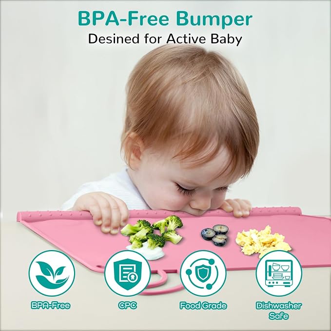 Silicone Placemat for Babygirls Eating-Out: Wipe Clean & Roll up for Outdoor - Pink Table Mat for Restaurant/Travel/On-The-Go