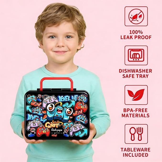 rockpapa Chill Bento Box for Kids- Large 5.5 Cups Lunch Box with Ice Pack - 5 Compartments, BPA-Free, Leak Proof, with Utensils & Portable Handle, Microwave/Dishwasher Safe (Black Games)