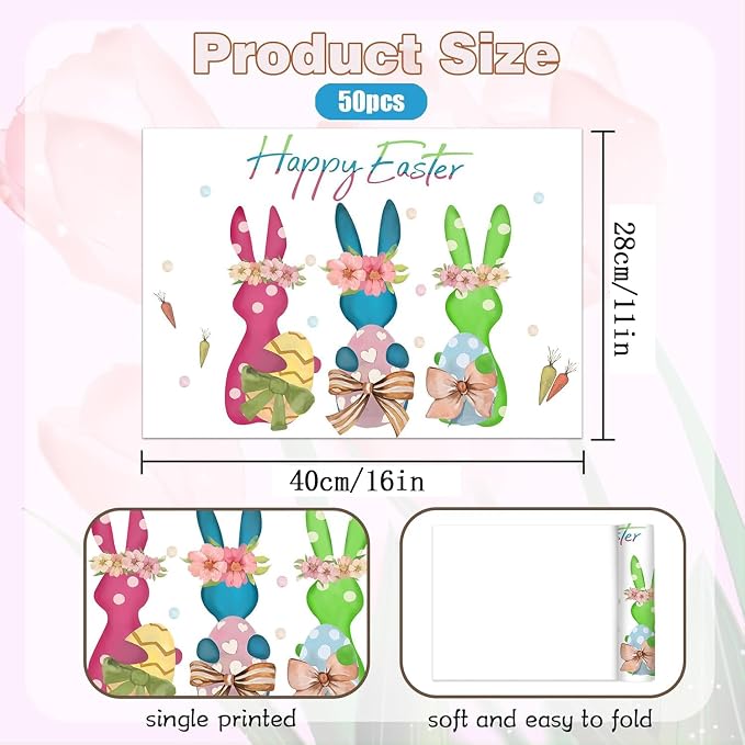 50 Pack Rabbits Colorful Eggs Happy Easter Placemat | s, Easter Theme Table Mats 16x11 inch Bunny Disposable Placement Mats for Seasonal Holiday Kitchen Dining Table Decoration
