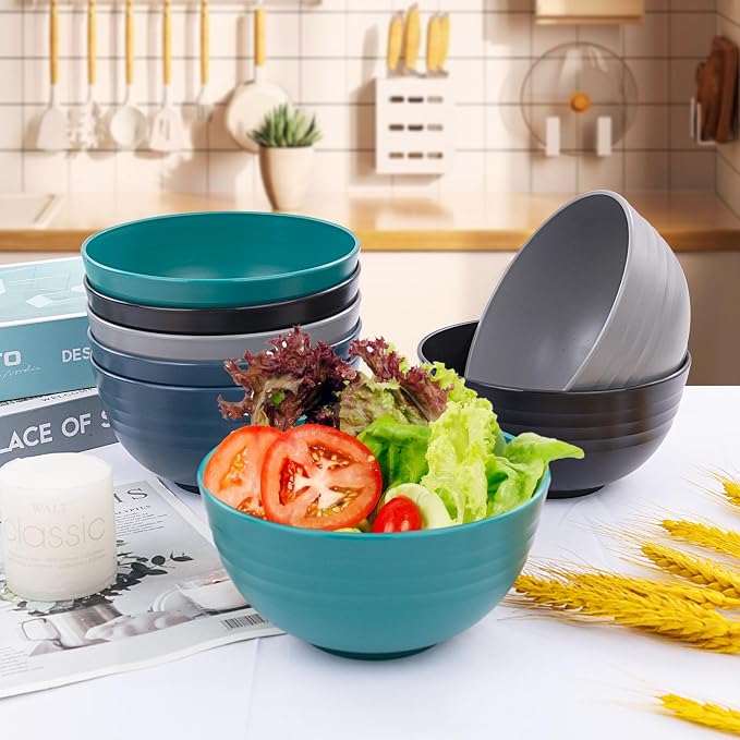 32 Pcs Assorted Colors Wheat Straw Dinnerware Set for 8 Camping | Includes Plates,Bowls & Cups In Multi Colors (Dark Blue,Green,Grey,Black),Unbreakable Heavy-Duty Plastic for RVs & Parties
