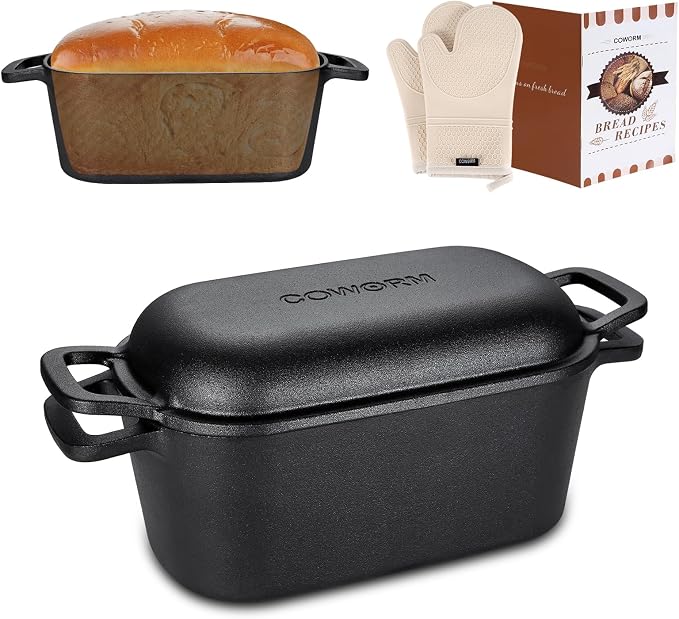 3.6 QT Cast Iron Loaf Bread Pan with Lid, Oval Dutch Oven for Bread Baking | Pre-Seasoned, Even Heat, Easy Release, Heavy-Duty, Oven Mitts & Recipe Book Included