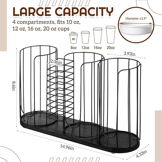 18oz Adjustable Coffee Cup Dispenser with Wooden Base, Cup and Lid Holder, Cups Holder Organizer for Coffee Pod Straw and Lid Storage(4-compartment Single,Color 7)