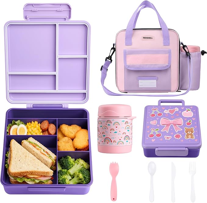 REDSHELL Kids Bento Lunch Box Set, Insulated Lunch Bag for Girls, Purple | Toddler 5-Compartment Lunchbox, Leakproof Food Jar, Snack Container, School Daycare, Bottle Holder, Adjustable Shoulder Strap