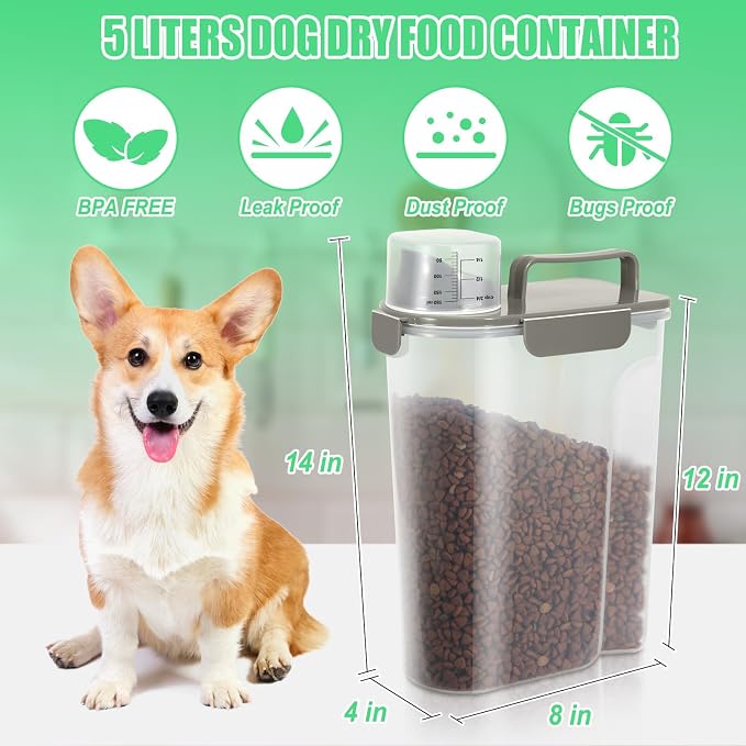 Dog Cat Food Storage Container with Cup (Dark Olive, 5L) | Pet Food Pourable Container Airtight with Large Spout, BPA-Free Plastic Food Dispenser for Pet Food, Bird Seed, Rice, Flour