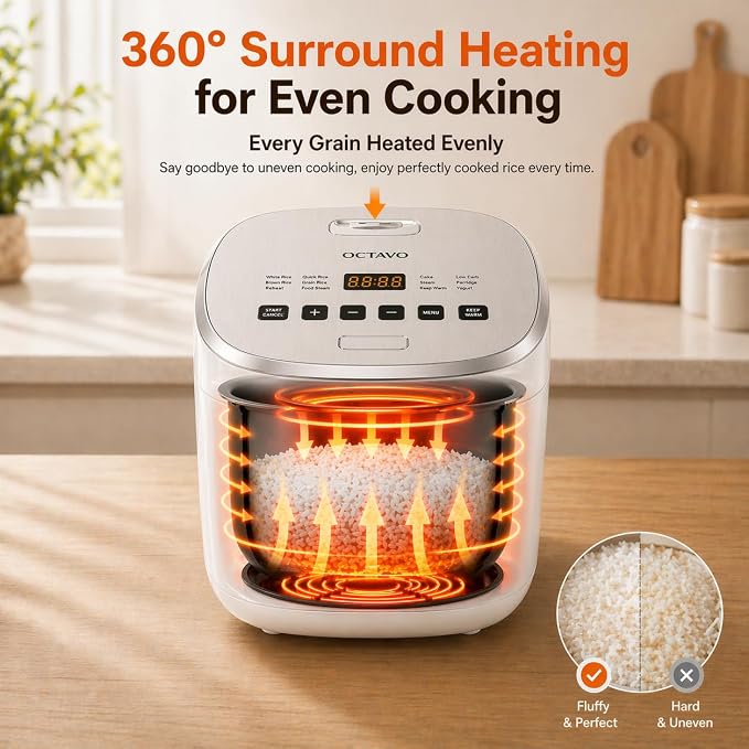 OCTAVO Low Carb Rice Cooker, 5-Cup Uncooked Stainless Steel Inner Pot, Low Sugar Rice Maker with 24H Timer and Auto Keep Warm, Small Rice Maker LED Display, White Rice/Brown Rice/Grains/Oatmeal