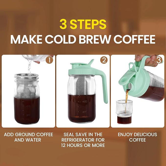 Cold Brew Coffee Maker, 32 oz Mason Jar Pitcher with Stainless Steel Filter, Pour Spout Handle Lid, Heavy Duty Glass Airtight & Leak-Proof for Iced Coffee,Tea & Lemonade