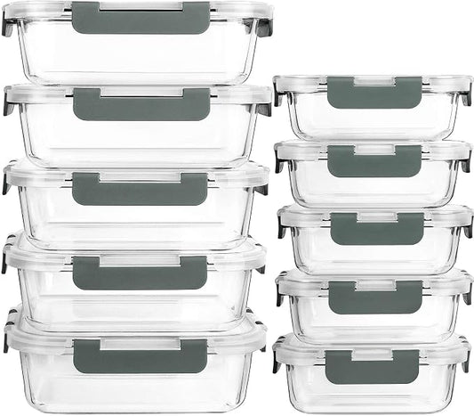 M MCIRCO 10 Pack Glass Food Storage Containers with Lids, Gray | Glass Meal Prep Containers,Airtight Lunch Containers with Lids, Microwave, Oven, Freezer and Dishwasher Friendly, BPA Free