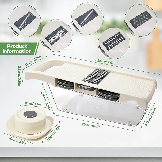 6-in-1 Mandoline Slicer for Kitchen, Multi Blade Veggie Cutter with Drainage Tray, Stainless Steel Blades, BPA-Free, Non-Slip Base & Easy Clean for Meal Prep (stainless steel)