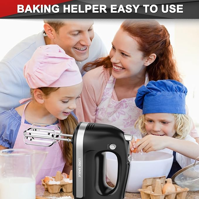 Lord Eagle Hand Mixer Electric Handheld 400W,5-Speed, Lightweight, Black | Kitchen Mixer with Storage Case, 5 Stainless Steel Attachments for Baking Cake Egg Cream Food Beater, Turbo+Eject Button